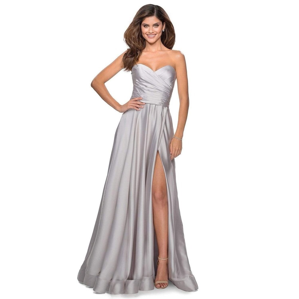 NWT La Femme 28608 Strapless Sweetheart Wrap Bodice Gown In Silver Size 12 $358